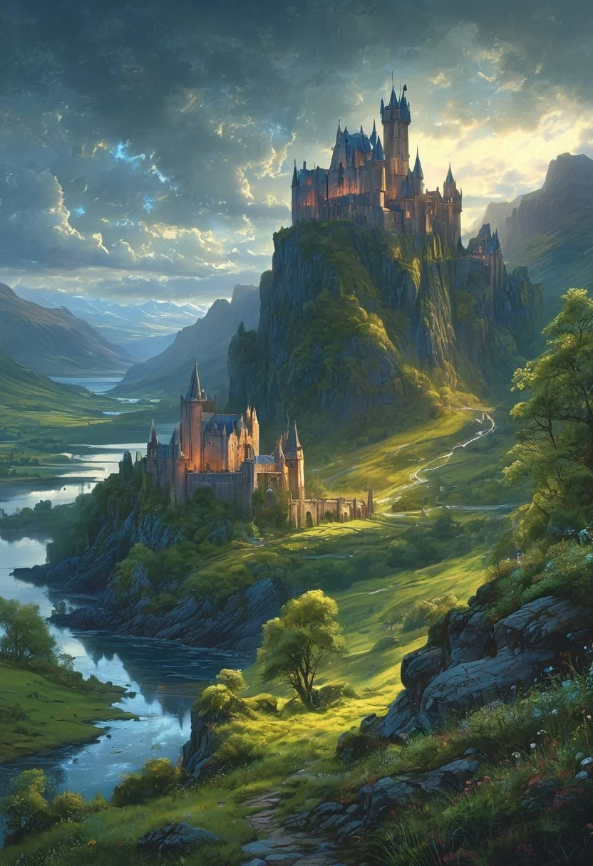 (by Ellen Jewett:1.5), (Bioluminescent Impressionism,) A captivating night scene illustration featuring a beautiful castle on a large hill overlooking a lake in the highlands of Scotland. The castle is ancient but well maintained and updated and comfortable to live in. This enchanting artwork captures a serene and peaceful early morning, where the sun is just starting to rise over the beautiful highlands and castle which stands resolute amidst highlands, creating a cinematic experience., illustration, cinematic
<lora:DonM3t3rn1tyXL-v1.1:0.7>, DonM3t3rn1tyXL,
OverallDetailXL <lora:MJ52:0.3> <lora:SDXLFaeTastic2400:0.4> <lora:EpicF4nta5yXL:0.7><lora:add-detail-xl:1> <lora:RMSDXL_Creative:2>*Channel_42* ral-wlfnte, PEAnimeBG, scenery