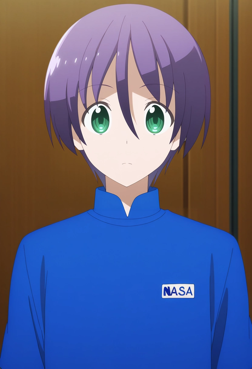 masterpiece, best quality, intricate details, anime screencap, , , looking at viewer, 1boy, solo, male focus, <lora:nasa_yuzaki_ilxl:0.96>, nasa_yuzaki, purple hair, green eyes, short hair, hair between eyes, , ,