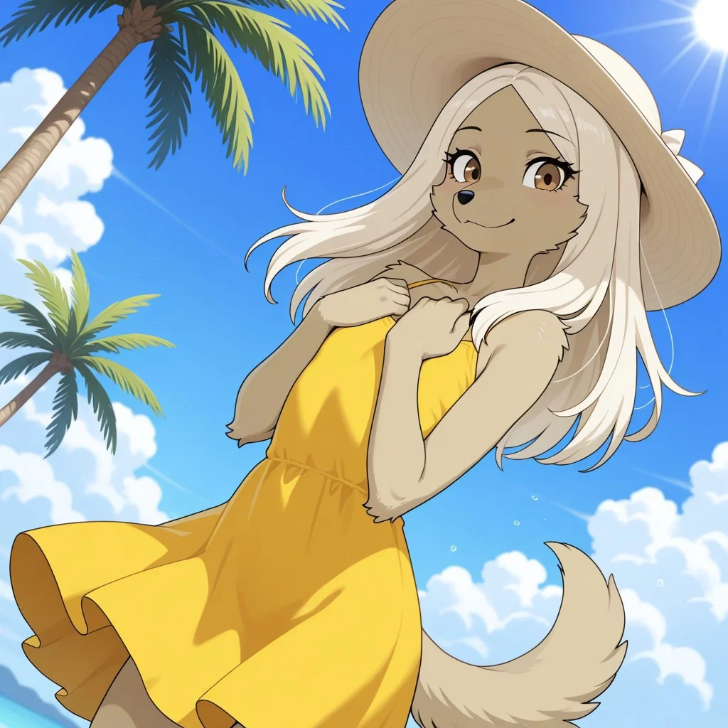 masterpiece, high quality, best quality, ((solo)), furry, anthro, volumetric lighting, rim lighting, no humans,
BREAK (Lydia(Zenia), dog, dog girl, afghan hound, grey fur, white hair, two-toned hair, long hair, brown eyes, black nose, dog tail, flat chest, smile,
yellow sundress, sun hat, hands on chest, looking at viewer),
BREAK boulevard, palm trees, blue sky, clouds, dutch angle