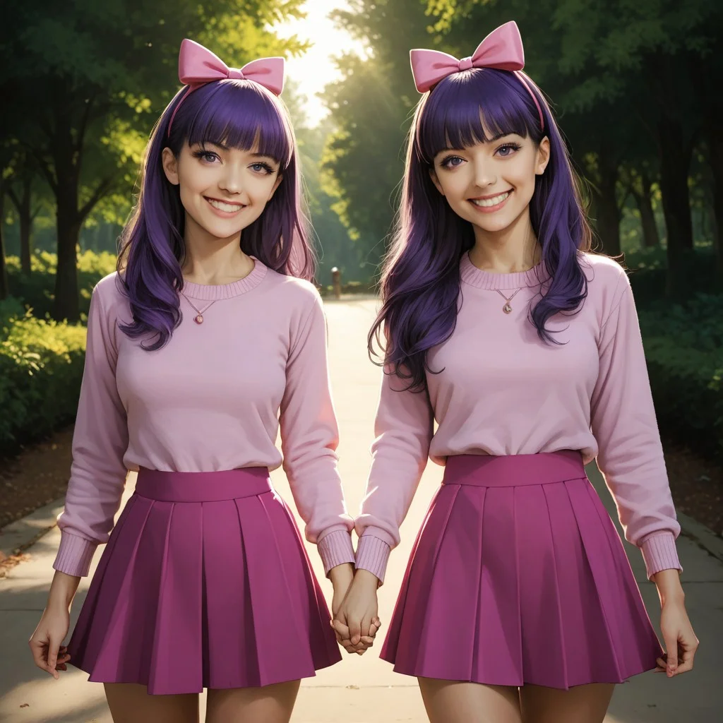 score_9, score_8, score_9, sherri-terri, 2girls, twins, purple hair, hair bow, skirt, outdoors, smiling, holding hands, looking at viewer, natural lighting, photorealistic, adult