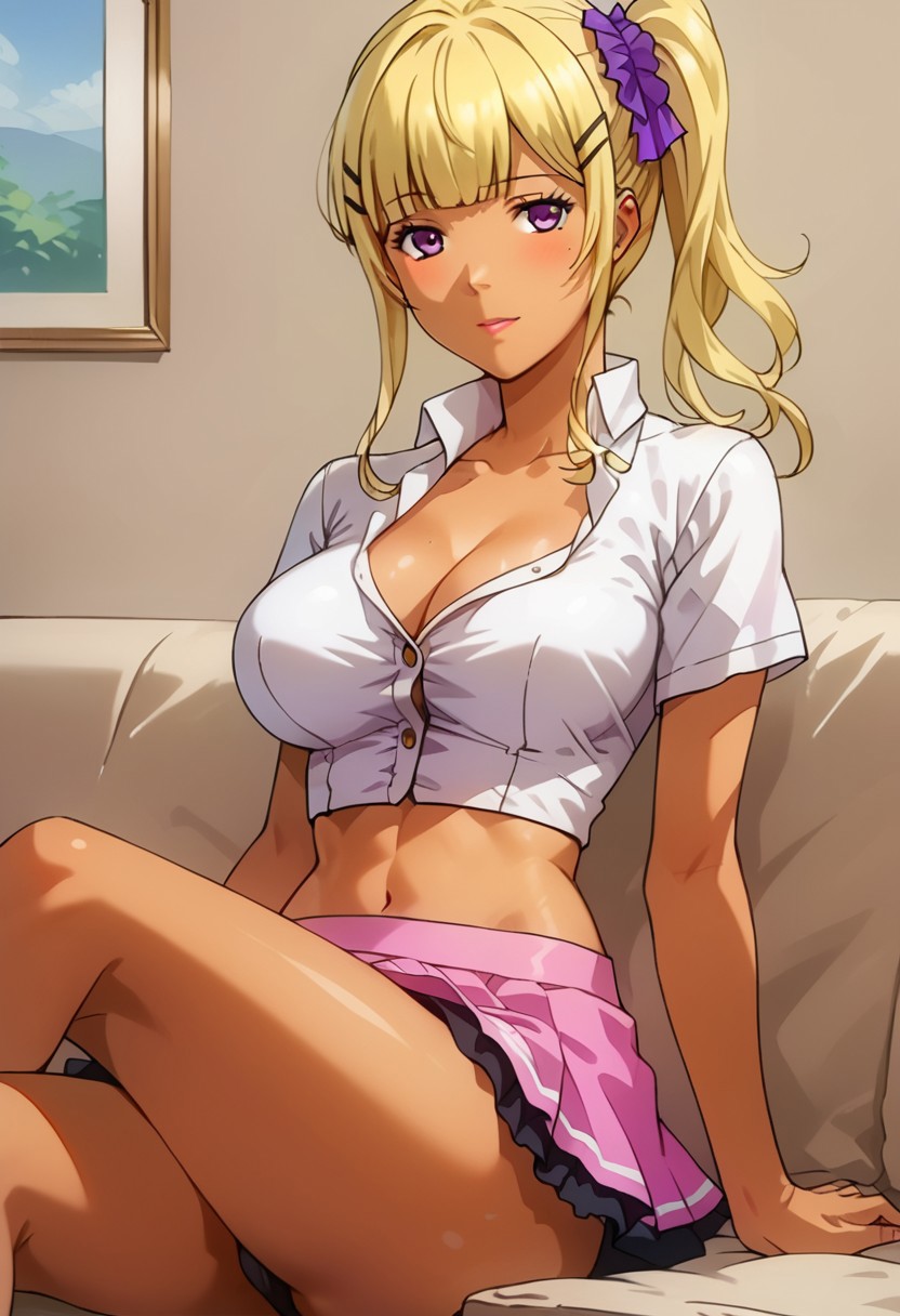 SCORE_9, SCORE_8_UP, SOURCE_ANIME, Expressiveh, HANA AMAKAWA, SKIN TAN, BLONDE HAIR, PURPLE EYES, LEFT EYE MOLE, FRILL CROP TOP, MINI SKIRT, UPSKIRT, BREAK, LIVING ROOM, ON COUCH