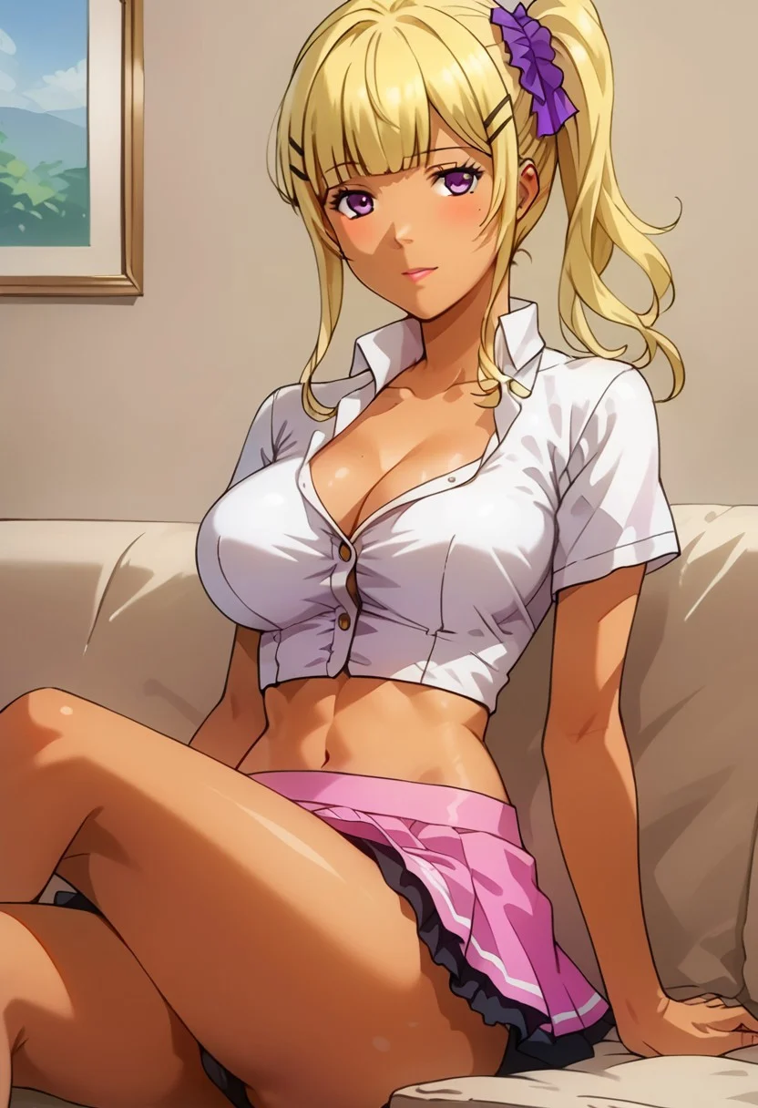 SCORE_9, SCORE_8_UP, SOURCE_ANIME, Expressiveh, HANA AMAKAWA, SKIN TAN, BLONDE HAIR, PURPLE EYES, LEFT EYE MOLE, FRILL CROP TOP, MINI SKIRT, UPSKIRT, BREAK, LIVING ROOM, ON COUCH