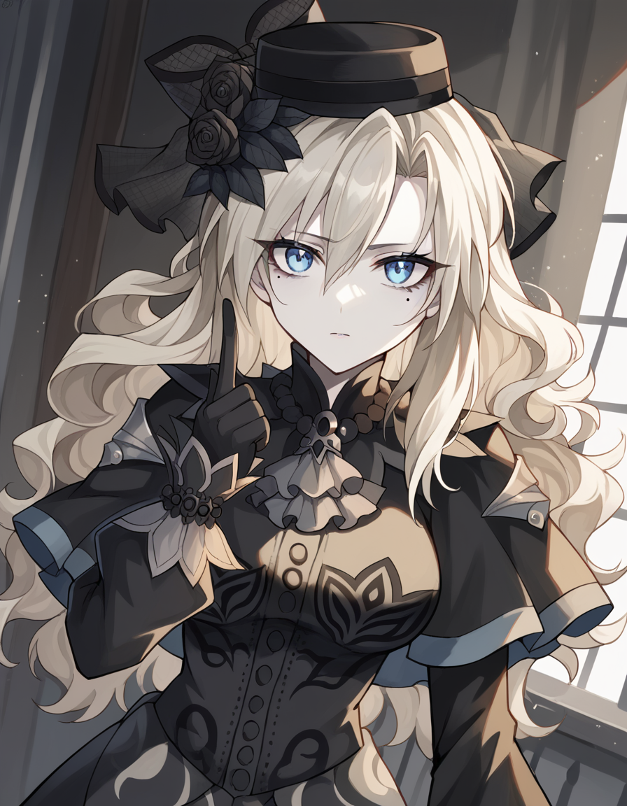 score_9, score_8_up, score_7_up, source_anime, <lora:fgo-kriemhild-ponyxl-lora-nochekaiser:1>, kriemhild, blue eyes, long hair, mole, mole under eye, pale skin, white hair, wavy hair, large breasts,, ascot, black capelet, black dress, black flower, black gloves, black headwear, black rose, capelet, dress, flower, gloves, hat, long sleeves, rose, veil,, hospital room, bedside, get well flowers, comforting, quiet, , looking at viewer, hand pointing index finger, solo,, cowboy shot, dutch angle