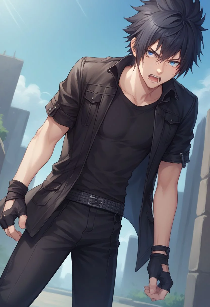 score_9, score_8_up, source_anime, highly detailed, 1boy, slender, skinny,
1boy, male focus, solo, blue eyes, black hair, spiked hair, gloves, fingerless gloves, anger vein, open mouth, black shirt, jacket, black jacket, black pants,
outdoor,