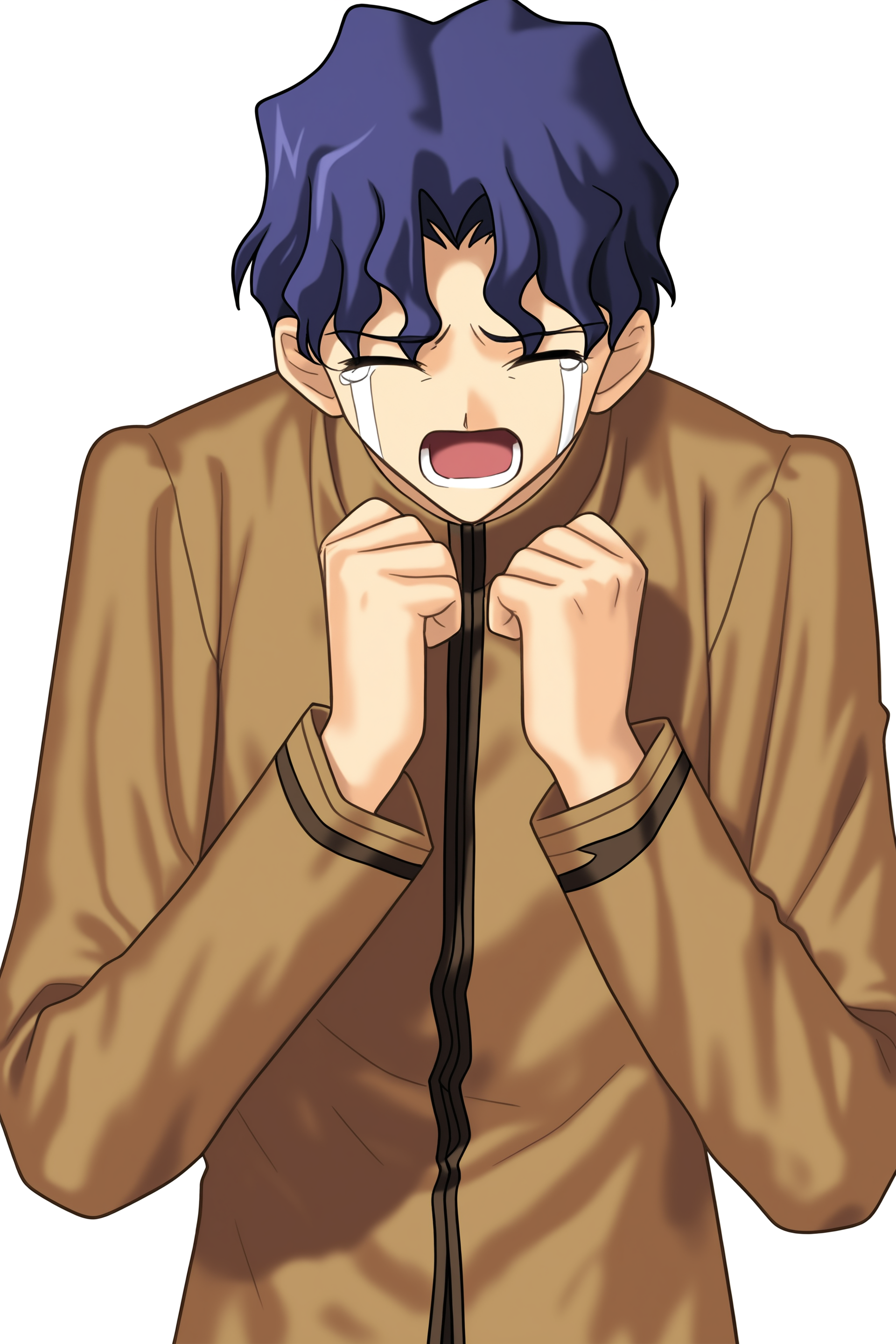 fatesnha, solo, open mouth, short hair, long sleeves, 1boy, blue hair, school uniform, closed eyes, male focus, tears, wavy hair, transparent background, crying, clenched hands, gakuran, curtained hair, (homurahara academy school uniform), matou shinji, 
(masterpiece, best quality, absurdres, highres, newest, very awa:1.2), 