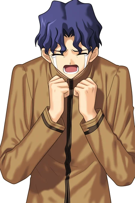 fatesnha, solo, open mouth, short hair, long sleeves, 1boy, blue hair, school uniform, closed eyes, male focus, tears, wavy hair, transparent background, crying, clenched hands, gakuran, curtained hair, (homurahara academy school uniform), matou shinji, 
(masterpiece, best quality, absurdres, highres, newest, very awa:1.2), 