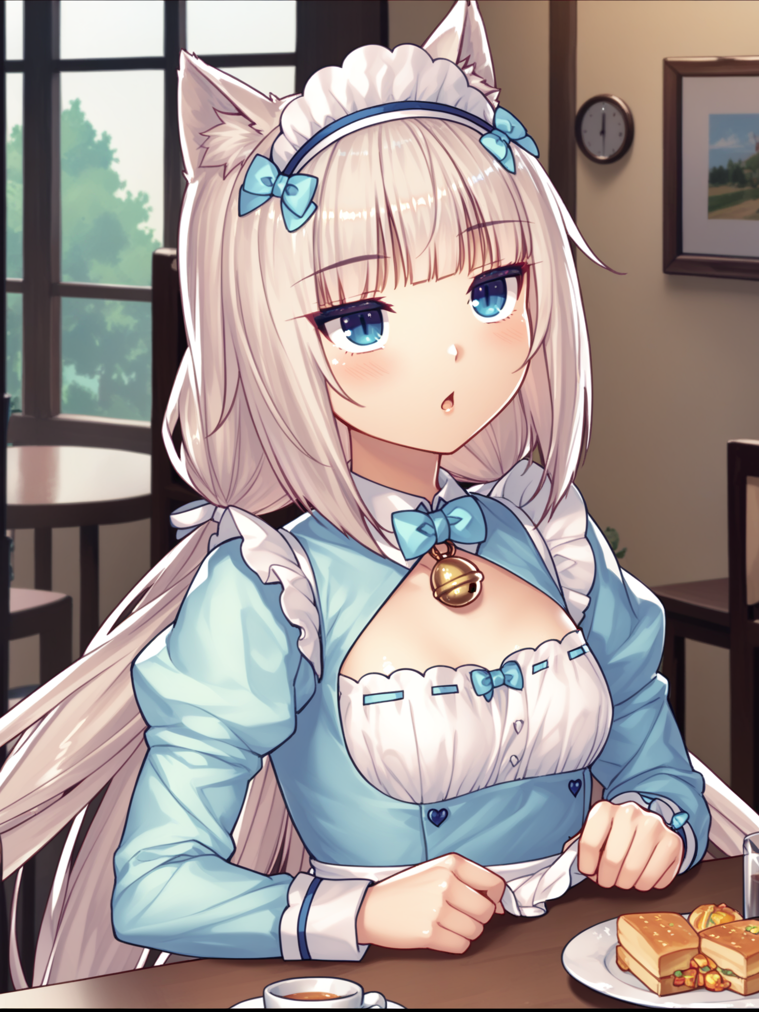<lora:happy_tentacle-vanilla-v0.1-000010:0.9>, ht_vanilla, white dress, blue dress, maid, maid headdress, waitress, ribbon-trimmed clothes, waist apron, cleavage cutout, long sleeves, puffy sleeves, juliet sleeves, frills, neck bell, ribbon trim, cafe , 1girl, solo, upper body , evil eyes , torogao , , looking up , , , score_9, score_8_up, score_7_up, score_6_up, score_5_up, score_4_up
