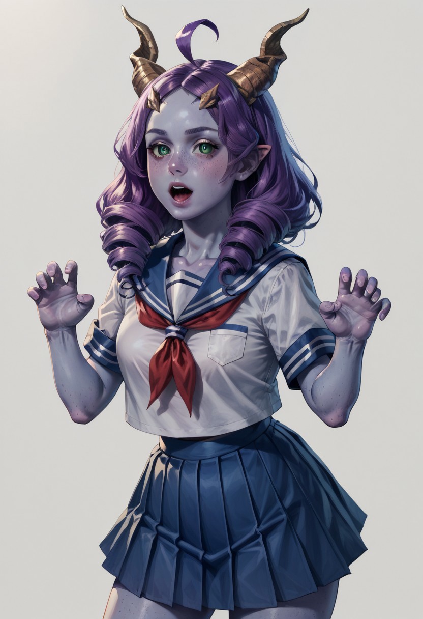 score_9,score_8_up,score_7_up,score_6_up,ULTBG3, blue skin,  horns, ahoge, green eyes, purple hair, blue sailor collar, blue skirt, drill hair, ghost pose, hitodama, neckerchief, official alternate costume, official alternate hairstyle, open mouth, pleated skirt, red neckerchief, sailor collar, school uniform, serafuku, simple background, skirt, solo, twin drills, white background