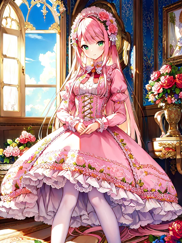 ((masterpiece)),((best quality)),(ultra-detailed),(illustration),((an extremely delicate and beautiful)),(dynamic angle),
1girl, flowers, spring, beside window, rose, very long hair, detailed face, long eyelashes, flower in eye, frilled sleeves, corset, tiara, princess,
green eyes, wide-eyed, clear sky, daylight, sunny, pink and white dress, flowers, hair ornament, white lace-trimmed legwear, pink hair, hair flower, patterned clothing, floral print, candy patterned dress, (lo sweet:1.4), <lora:lo_fashions_v5:0.64>