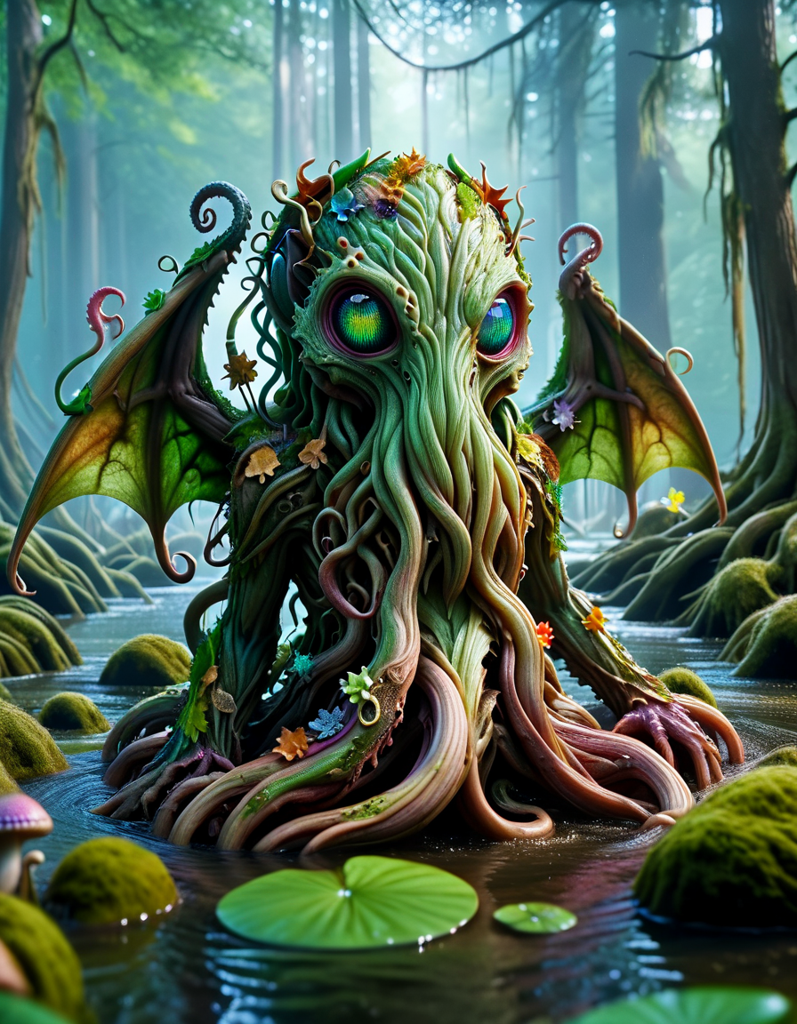 A cute colorful rainbow cthulhu, wildlife photography, in a ral-czmcrnbw swamp, 4K UHD, 8K UHD, High-definition, made of ral-mythfrst <lora:ral-mytfrst:1>