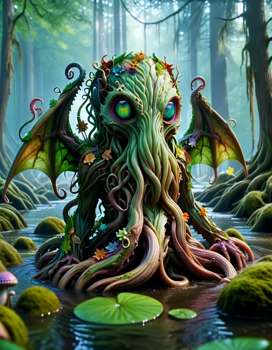 A cute colorful rainbow cthulhu, wildlife photography, in a ral-czmcrnbw swamp, 4K UHD, 8K UHD, High-definition, made of ral-mythfrst <lora:ral-mytfrst:1>