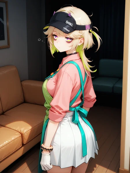 masterpiece, best quality, perfect hands, amazing quality, solo, 22 years old, imtdcozzz, 1girl, multicolored hair, shirt, pink shirt, two-tone hair, colored inner hair, green hair, blonde hair, apron, collared shirt, choker, multicolored eyes, gloves, black headwear, skirt, hat, bracelet, white gloves, visor cap, white skirt, bangs, dark bags, baggy eyes, tired eyes, dark circles under the eyes, indoor, living room , bored, sleepy, serious, tired, standing, from behind, looking back, looking at viewer
