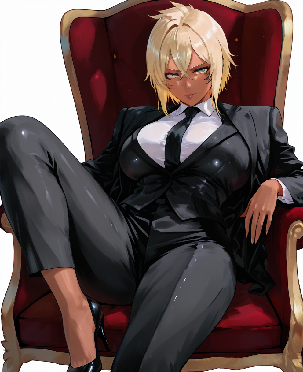 <lora:bionCIVITAI:1> bion,
(masterpiece), (best quality), (ultra-detailed), amazing quality, very aesthetic, illustration, perfect composition, intricate details, absurdres, incredibly absurdres, shiny skin, realistic,
 bion, 1girl, dark skin, suit, blonde hair, solo, necktie, skinned female, formal, green eyes, breasts, black suit, sitting, black necktie, looking at viewer, facial mark, large breasts, high heels, short hair, pants, white background, shirt, pant suit, simple background, alternate costume, jacket, chair, black footwear, black pants, white shirt, general