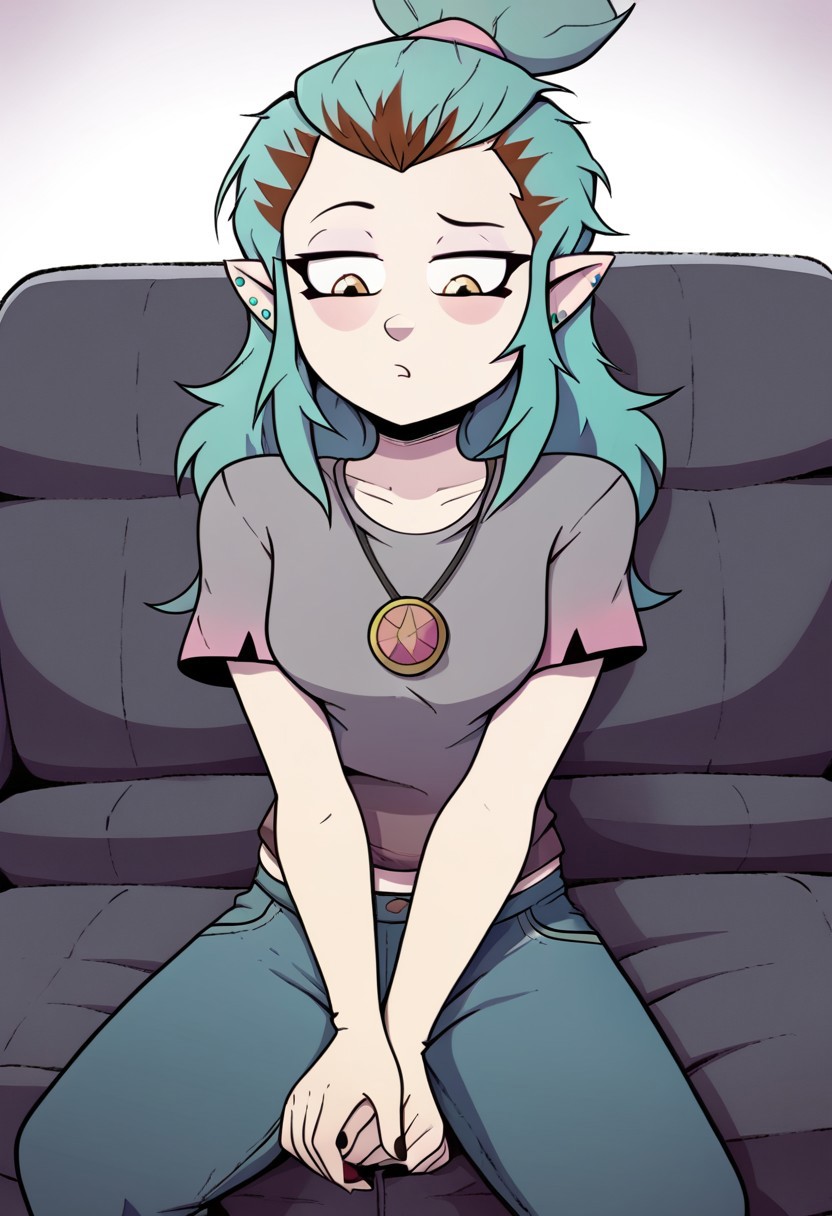 deadinsidestyle, cha, solo, sitting on lounge, jeans, grey t-shirt,