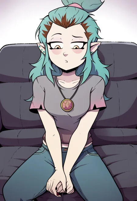 deadinsidestyle, cha, solo, sitting on lounge, jeans, grey t-shirt,