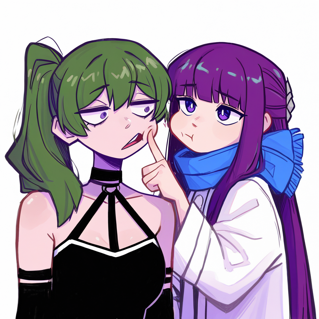 masterpiece, best quality, good quality, very awa, very aesthetic, absurdres, newest, pastel colors,toon (style),
drawing_style,
upper body, 2girls, multiple girls, cheek poking,finger to another's cheek, upper body, simple background, white background, 
fern \(sousou no frieren\), :t, blue scarf, coat, long hair, purple eyes, purple hair, scarf, shirt, white coat, 
ubel \(sousou no frieren\), 
green hair, long hair, bare shoulders, black shirt,  open mouth,
<lora:ponyv6_noobV1_2_adamW-000017:0.8> <lora:USNR_STYLE_XL_lokr:0.45> <lora:namukijpg_ill:0.85>