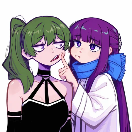 masterpiece, best quality, good quality, very awa, very aesthetic, absurdres, newest, pastel colors,toon (style),
drawing_style,
upper body, 2girls, multiple girls, cheek poking,finger to another's cheek, upper body, simple background, white background, 
fern \(sousou no frieren\), :t, blue scarf, coat, long hair, purple eyes, purple hair, scarf, shirt, white coat, 
ubel \(sousou no frieren\), 
green hair, long hair, bare shoulders, black shirt,  open mouth,
<lora:ponyv6_noobV1_2_adamW-000017:0.8> <lora:USNR_STYLE_XL_lokr:0.45> <lora:namukijpg_ill:0.85>