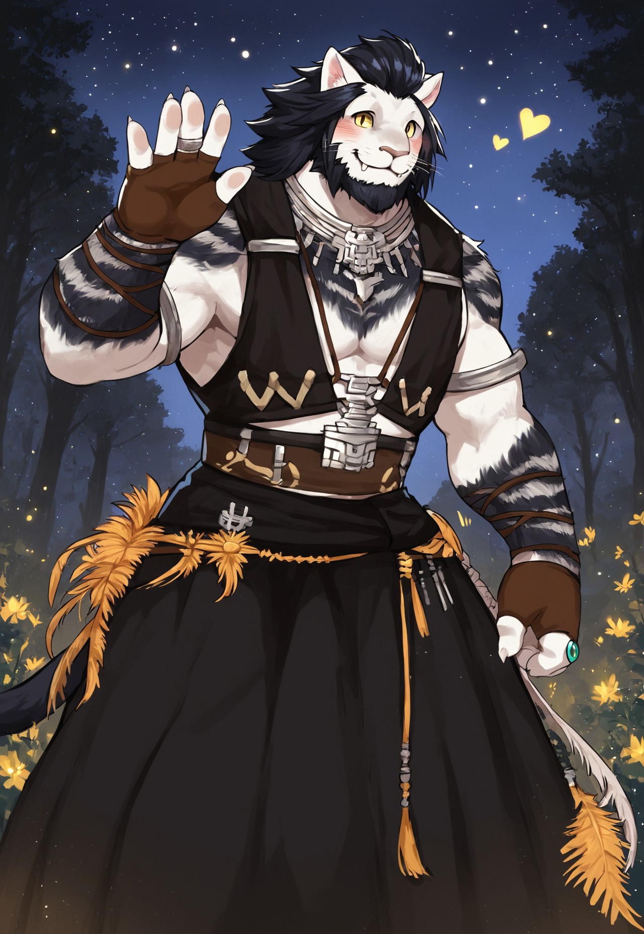 safe_pos, safe_pos, score_9, score_8_up, score_7_up, score_6_up, score_5_up, score_4_up, high quality, high detail, best quality, source:furry, 

1boy, solo, 

Runar, furry, cat, cat ears, animal ears, yellow eyes, whiskers, fangs, beard, facial hair, black hair, long hair, white fur, two-tone fur, claws, tail, RunarOutfit, necklace, jewelry, black vest, belt, fingerless gloves, ring, long skirt, feathers, sandals,

happy, smile, blush, <3, waving, looking at viewer,

outdoors, forest, night, stars in sky, stars (sky)