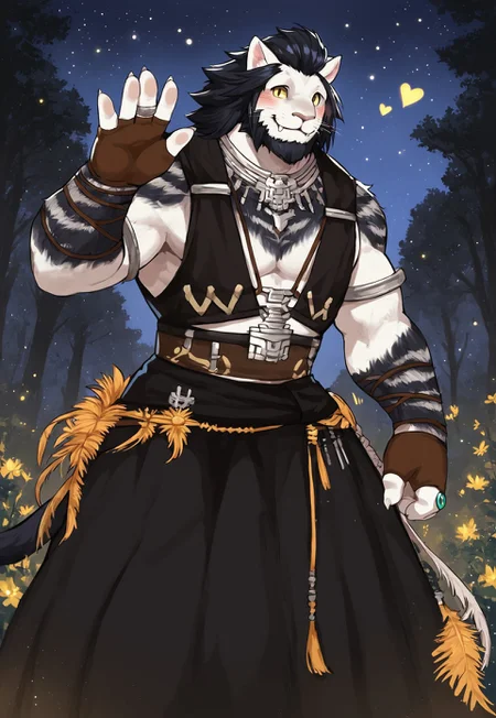 safe_pos, safe_pos, score_9, score_8_up, score_7_up, score_6_up, score_5_up, score_4_up, high quality, high detail, best quality, source:furry,
1boy, solo,
Runar, furry, cat, cat ears, animal ears, yellow eyes, whiskers, fangs, beard, facial hair, black hair, long hair, white fur, two-tone fur, claws, tail, RunarOutfit, necklace, jewelry, black vest, belt, fingerless gloves, ring, long skirt, feathers, sandals,
happy, smile, blush, <3, waving, looking at viewer,
outdoors, forest, night, stars in sky, stars (sky)