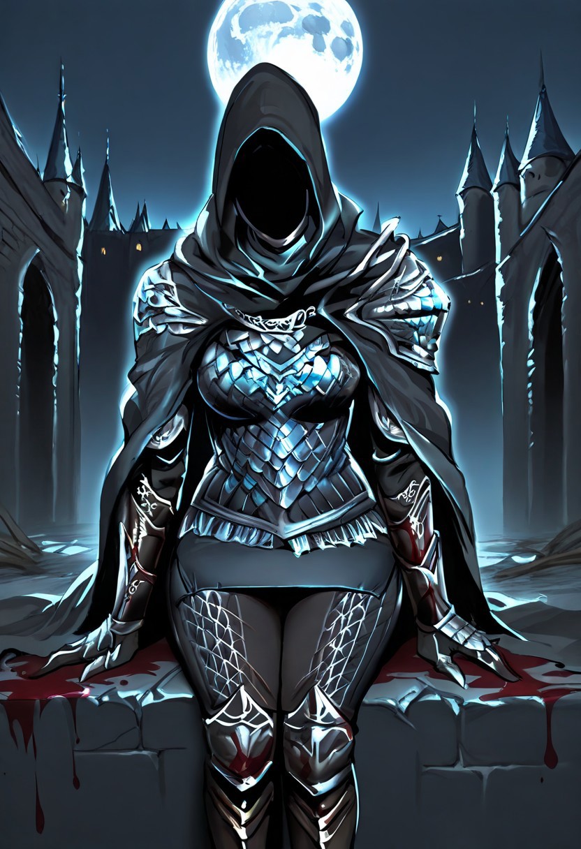 masterpiece, best quality,assassin, female, solo, faceless, cloak, armor, shoulder armor,miniskirt,pants,indoor, castle view, moon light,blood,sitting
