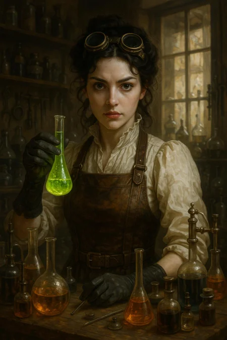 a highly detailed portrait of a steampunk-inspired woman in a laboratory setting. The woman, with pale skin and dark, wavy hair, wears goggles perched on her head, a leather apron over a white blouse with puffed sleeves, and black gloves. Her intense gaze is directed at the viewer, suggesting focus and determination. She holds a green, glowing potion in a test tube, surrounded by various laboratory equipment and bottles filled with colorful liquids. The background features shelves filled with jars and tools, with light streaming in from a window behind her. The image has a high level of detail and realism, typical of modern digital art.