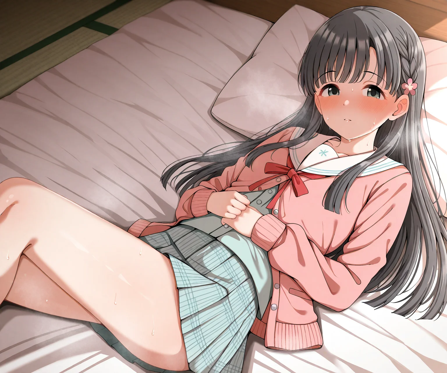 masterpiece, best quality, amazing quality, , 1girl, solo, skirt, cardigan, shirt, kobayakawa sae, looking at viewer, <lora:Mithrilrim style ILL-v2:1.2> mithrilrim