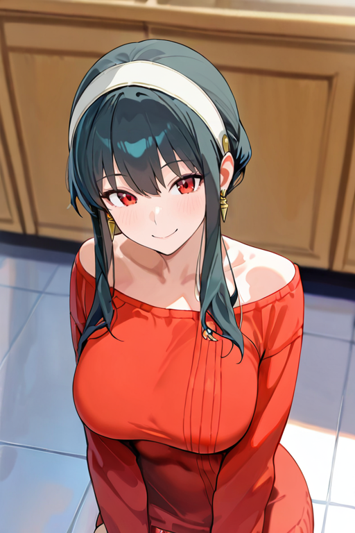 masterpiece, High quality, Ultra detailed, 2d, newest, absurdres, highres, BREAK
1girl, solo, <lora:yor_briar_v1_LISETTElora:0.8>, briaryor, long hair, sidelocks, black hair, white hairband, red eyes, gold earrings, 
llarge breasts, yordef, bare shoulders, long sleeves, sweater dress, red sweater, upper body, 
from above, smile,