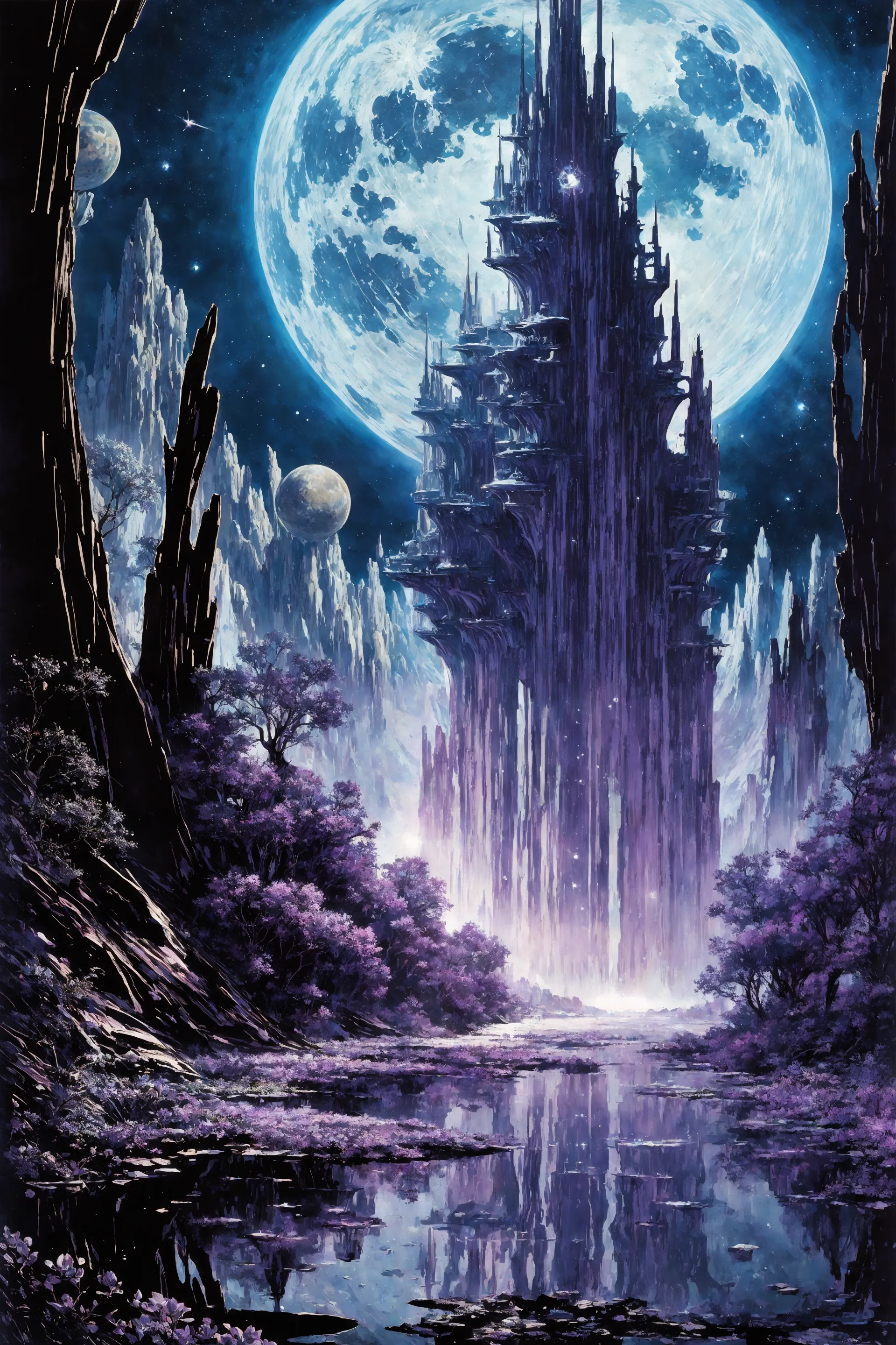 space planet, sun, moon, stars, (big rocks:0.9), (ripples, reflections:0.9), spatial futuristic castle, (small river pond:0.8), space forest, (space village:1.2), (stunning nature aquatic environment:0.8), spaceship, (unknown exotic land:0.9),) (nice alien civilization),  (beautiful space fantasy scifi futuristic landscape:0.9, (very detailed:1.2), (best quality:1.2), sharp focus, high contrast, cinematic lights, backlight, shadows, (lens flare:0.4), (vibrant colors, colorful):0.7, (Lilac flowers:0.9) and leaves, <lora:Detail Tweaker LoRA add_detail:0.8><lora:depth_of_field_slider_v1:5>  <lora:SDXLrender_v2.0:0.9> <lora:1970RetroFuturism:0.3> 1970retrofuturism