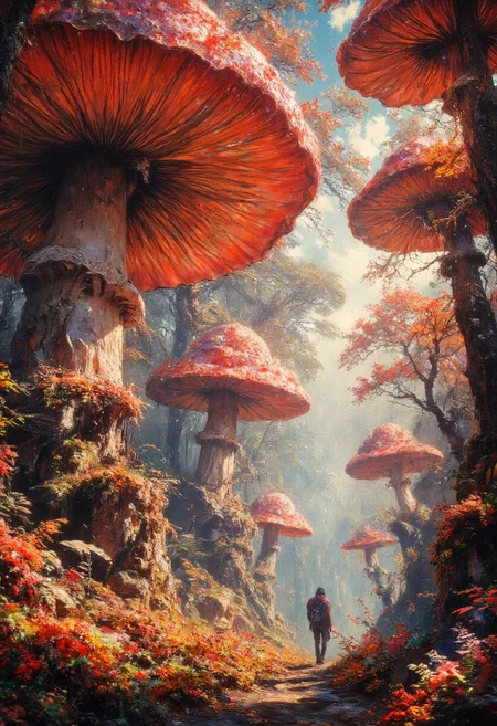 A fantasy landscape featuring an enchanted forest filled with massive, oversized red mushrooms with realistic textures and glowing edges. The forest floor is covered in vibrant autumn foliage and soft moss. Sunlight filters through a gentle mist, casting warm golden beams across the scene. A lone adventurer, a small human figure with a backpack, walks down a narrow forest path, emphasizing the scale of the gigantic mushrooms. The atmosphere is whimsical, magical, and dreamlike, with a surreal balance of realism and fantasy elements. Soft focus in the background enhances the depth and otherworldly feel