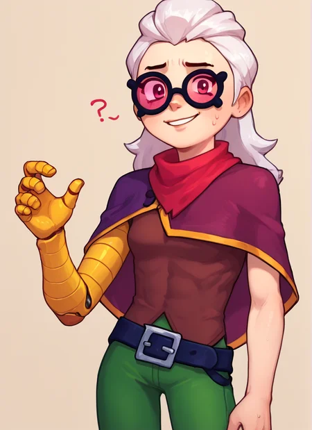 score_9, score_8_up, score_7_up, <lora:bsbelle :1> 1 girl , bsbelle , white hair, tinted eyewear ,purple capelet,red scarf, single mechanical arm, single arm , brown shirt , green pants ,belt , solo , <lora:PossumMachine:1>posmach , confused, looking at viewer, nervous smile,