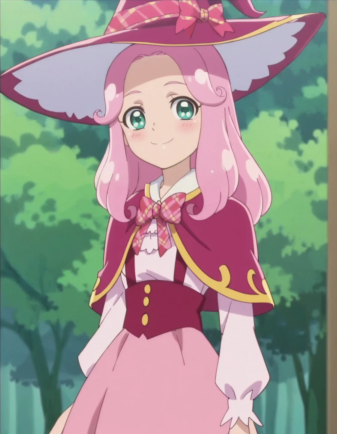 score_9, score_8_up, score_7_up, anime screencap, solo,1girl,hanamikotoha, green eyes,pink hair,school uniform, witch, pink witch hat, pink skirt,capelet,cowboy shot,smile,blush,looking at viewer,small breasts,<lora:hanamikotoha:0.8>