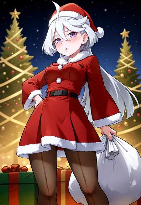 IllustriousQual <lora:StS-Illustrious-Detail-Slider-v1.0:2> <lora:cfg_scale_boost:0.3>,detailed_background,outdoors,gundam suisei no majo,closed mouth,pantyhose,solo,hand on own hip,blush,gundam,long sleeves,black pantyhose,1girl,christmas,fur trim,looking at viewer,holding,dress,atamadarurun,white hair,holding sack,miorine rembran,santa dress,grey eyes,hat,sack,long hair,santa hat,fur-trimmed headwear,fur-trimmed dress,breasts