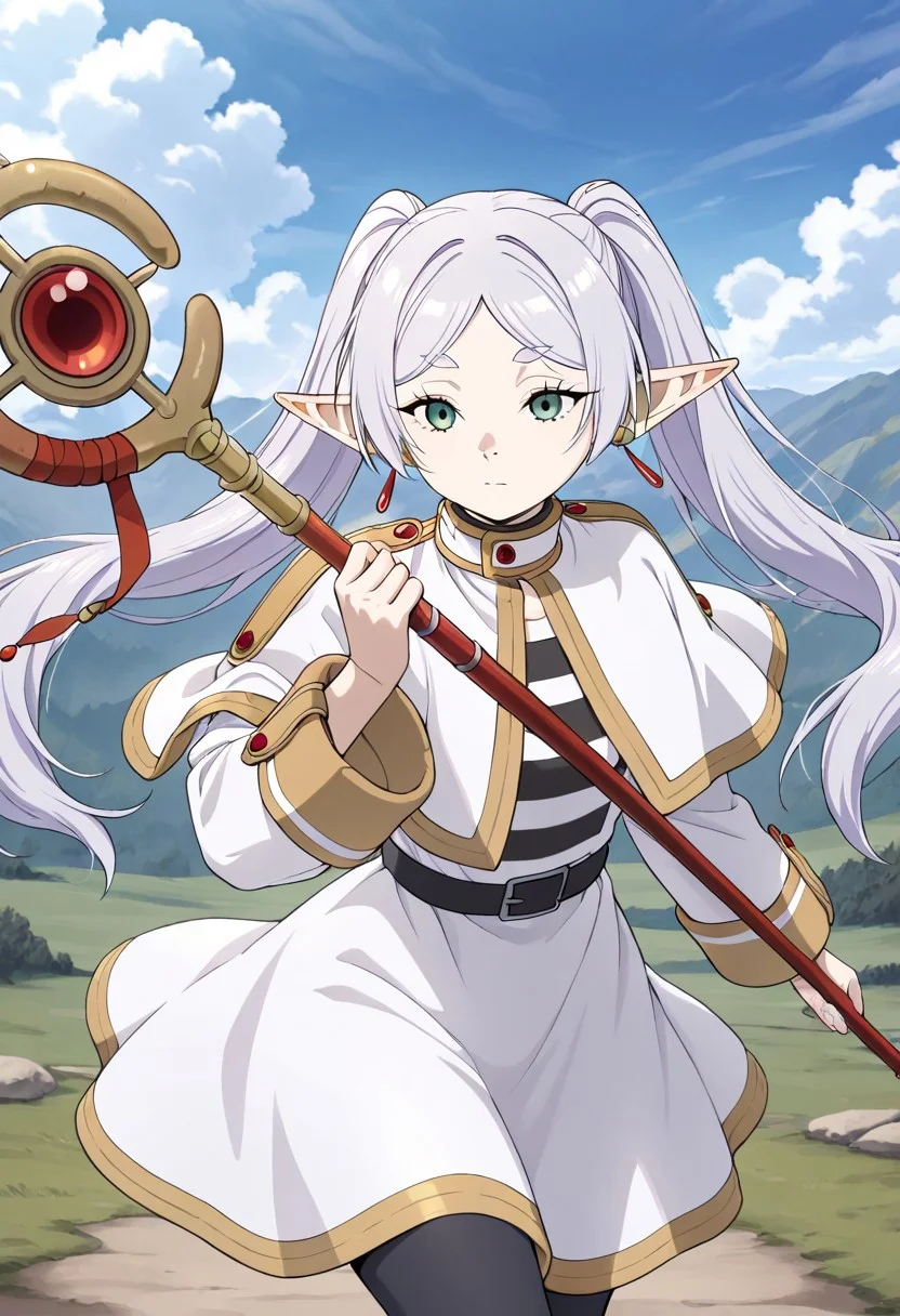 masterpiece, best quality, newest, absurdres, highres, anime, anime style, DPDV1.0, dynamic pose, polearm, holding polearm, holding weapon, weapon, 1girl, frieren, elf, pointy ears, pigtails, white robe,
staff, holding staff,