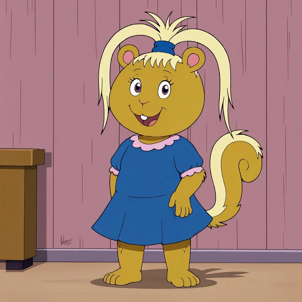 NadineF, 1girl, solo, squirrel, light-colored hair tied with a blue band, buck tooth, bushy tail, blue dress, barefoot, standing, looking at viewer