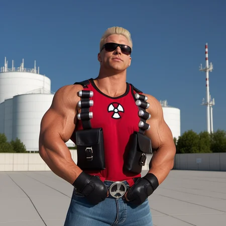 DukeNukem1024, a muscular blond man with sunglasses, wears red shirt and jeans pants, full body, nuclear symbol, stadium , highly detailed, photography, ultra sharp, film, professional, 64k <lora:add-detail-xl:1.5> <lora:DukeNukem1024:0.8>