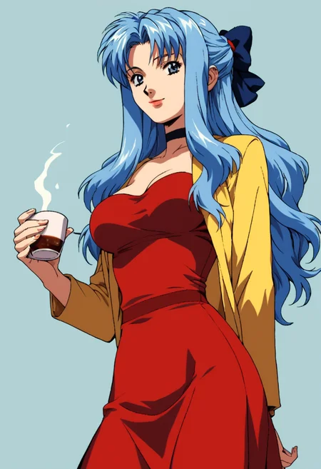score_9, score_8_up, score_7_up, score_6_up, 1girl, solo, Sylia_Stingray, blue hair, blue eyes, long hair, half updo, choker, red dress, yellow jacket, skirt, pantyhose, hair bow, detailed eyes, perfect face, perfect eyes, sexy, sexy girl, beautiful eyes, petite body, medium breasts, standing, arms behind back, posing, holding a cup of tea, light smile, simple background, from below, dynamic angle, (retro artstyle:1.3)