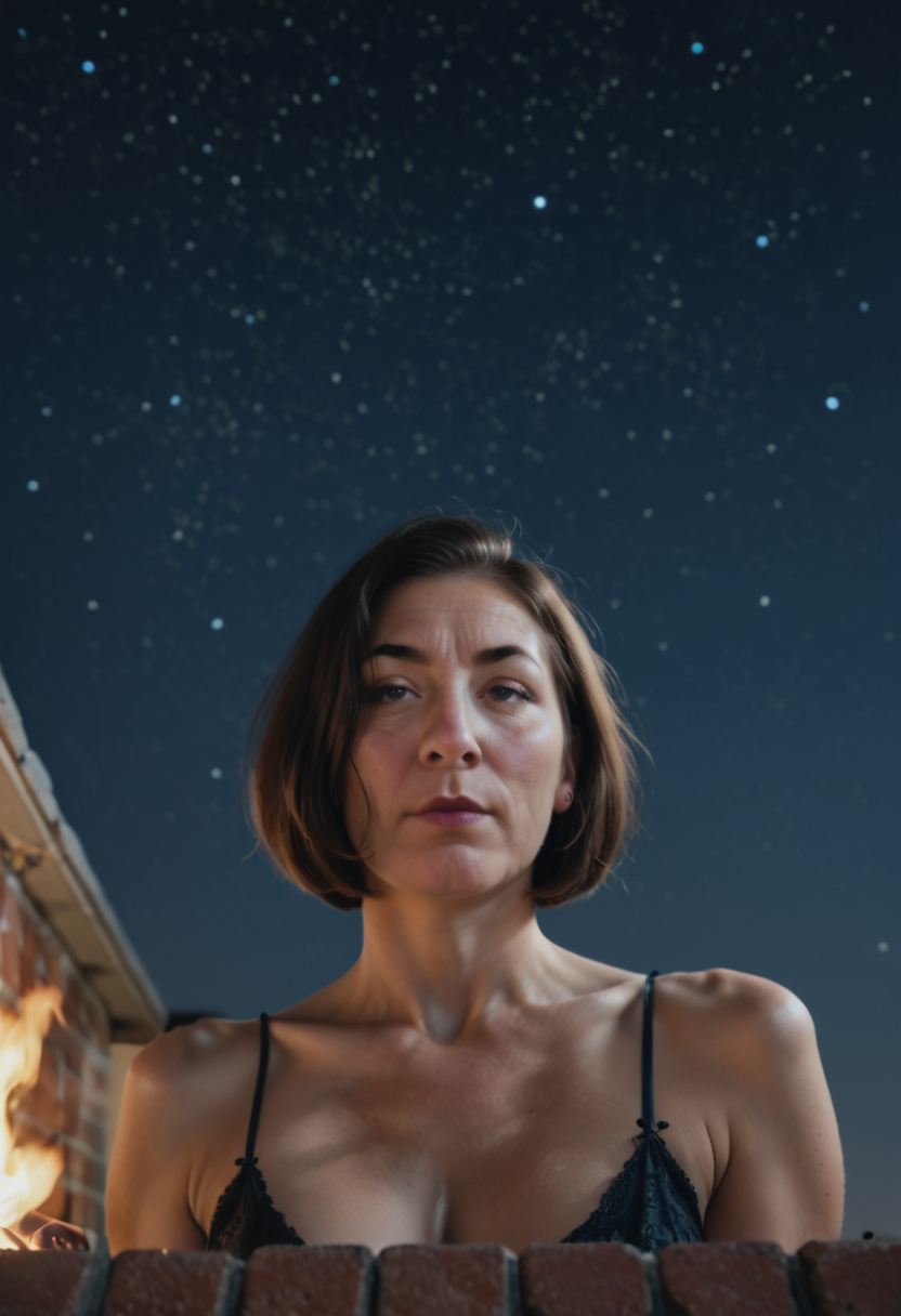 score_9, score_8_up, score_7_up, source_photo, 1girl, mature_female, solo, on a rooftop at night under the stars, perspective from below looking up at subject, black_eyes, bob_cut, (black_hair:1.2), fireplace glow, rating_safe, <lora:merged-1.0-1.0:1.0>