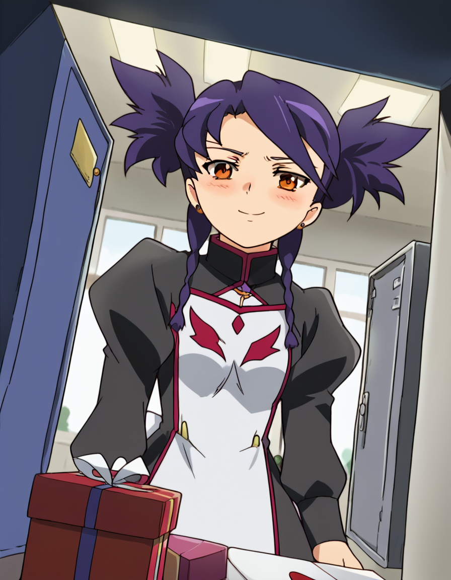 score_9, score_8_up, score_7_up, source_anime, <lora:nina-wang-s1-ponyxl-lora-nochekaiser:1>, nina wang, bangs, twintails, purple hair, braid, twin braids, orange eyes, anime screencap,, long sleeves, dress, jewelry, earrings, puffy sleeves, black dress, juliet sleeves,, tunnel, dark, underground, passage, walls, smile, <lora:shoe-locker-pov-ponyxl-lora-nochekaiser:1> shoe locker pov, locker, letter, school, gift box, unworn shoes, blush,, looking at viewer, solo,, dutch angle, cowboy shot