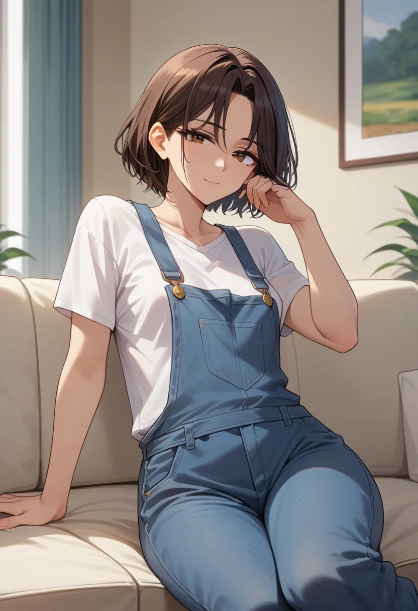 score_9,score_8_up,score_7_up, solo,1girl,  (masterpiece, detailed:1.2), manhwa
A cool woman, beautiful, Right side parting hairstyle, hair behind the right ear, no bangs, short hair, dark brown hair, brown eyes, small breasts, tall, ultra-skinny, The most beautiful, Mature women, 19yo, 
White loose T-shirt, dark blue loose overalls,
Sofa, sitting or lying on the sofa, sexy posture, looking at you, seductive eyes,