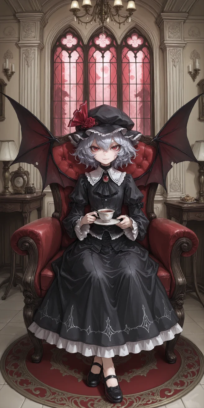 1girl, Remilia Scarlet \(touhou project\), ruffle hat, red eyes, slit pupils, detail pupil, eyelashes, fang, gothic, bow, puff sleeves, mary jane shoes, holding teacup, sitting in western armchair, vampire wings partially unfolded, crossed ankles posture,
BREAK
victorian parlor, crimson flock wallpaper, stained glass window light projection, antique side table, oil portrait wall decor, tea tray with cookie stand, blood moon motif carpet, velvet drapery folds, chandelier crystals