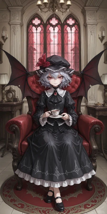 1girl, Remilia Scarlet \(touhou project\), ruffle hat, red eyes, slit pupils, detail pupil, eyelashes, fang, gothic, bow, puff sleeves, mary jane shoes, holding teacup, sitting in western armchair, vampire wings partially unfolded, crossed ankles posture,
BREAK
victorian parlor, crimson flock wallpaper, stained glass window light projection, antique side table, oil portrait wall decor, tea tray with cookie stand, blood moon motif carpet, velvet drapery folds, chandelier crystals