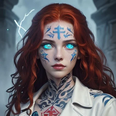 bright red hair, human female, (feminine:1.7), (beautiful face, detailed face:1.6), (beautiful eyes, detailed eyes:1.7), (looking at viewer, eye contact, intense:1.6), (long hair, red hair, curly hair:1.3), , ((masterpiece, best quality, high resolution, realistic, best quality,)), photo realistic, Perfect Face, (detailed face). <lora:GoodHands-vanilla:0.6> <lora:add-detail-xl:0.8>, mage, (Dress White military uniform coat), dagger, rune dagger, glowing runes, , (((glowing magic symbols tattoos, religious tattoos))), ((face tattoos)), glowing tattoos, stone tower in the background