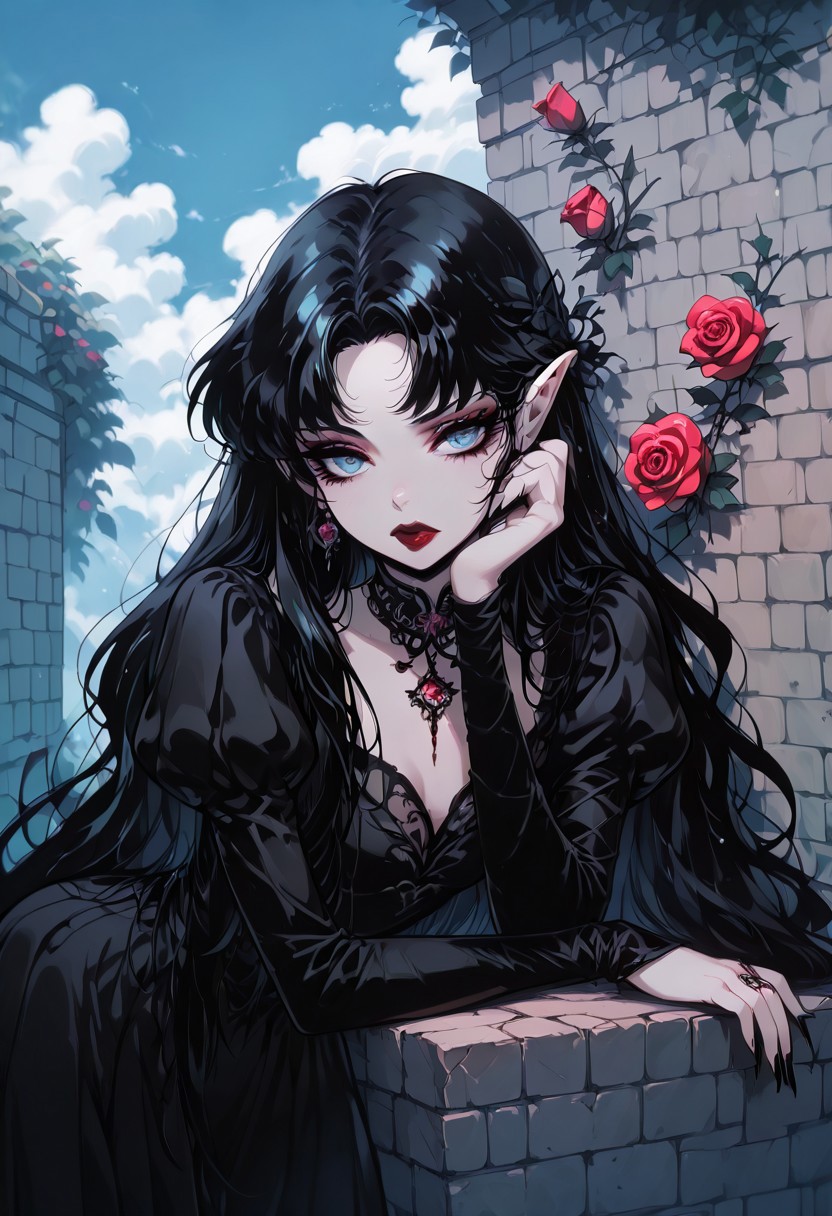 (masterpiece, best quality, good quality, very aesthetic, absurdres),    1girl, solo, eyelashes, (beautiful eyes),   1girl, solo, long hair, looking at viewer, bangs, blue eyes, black hair, long sleeves, dress, flower, outdoors, sky, choker, day, pointy ears, puffy sleeves, cloud, nail polish, black dress, fingernails, rose, wavy hair, lipstick, juliet sleeves, red flower, black nails, long fingernails, head rest, red rose, sharp fingernails, red lips, wall, brick wall, long hair, looking at viewer, blue eyes, black hair, long sleeves, pointy ears, puffy sleeves, nail polish, black dress, blue sky, wavy hair, juliet sleeves, red flower, black nails, long fingernails, head rest, sharp fingernails, red lips, brick wall  ,<lora:GothRetroNAI:0.8>,