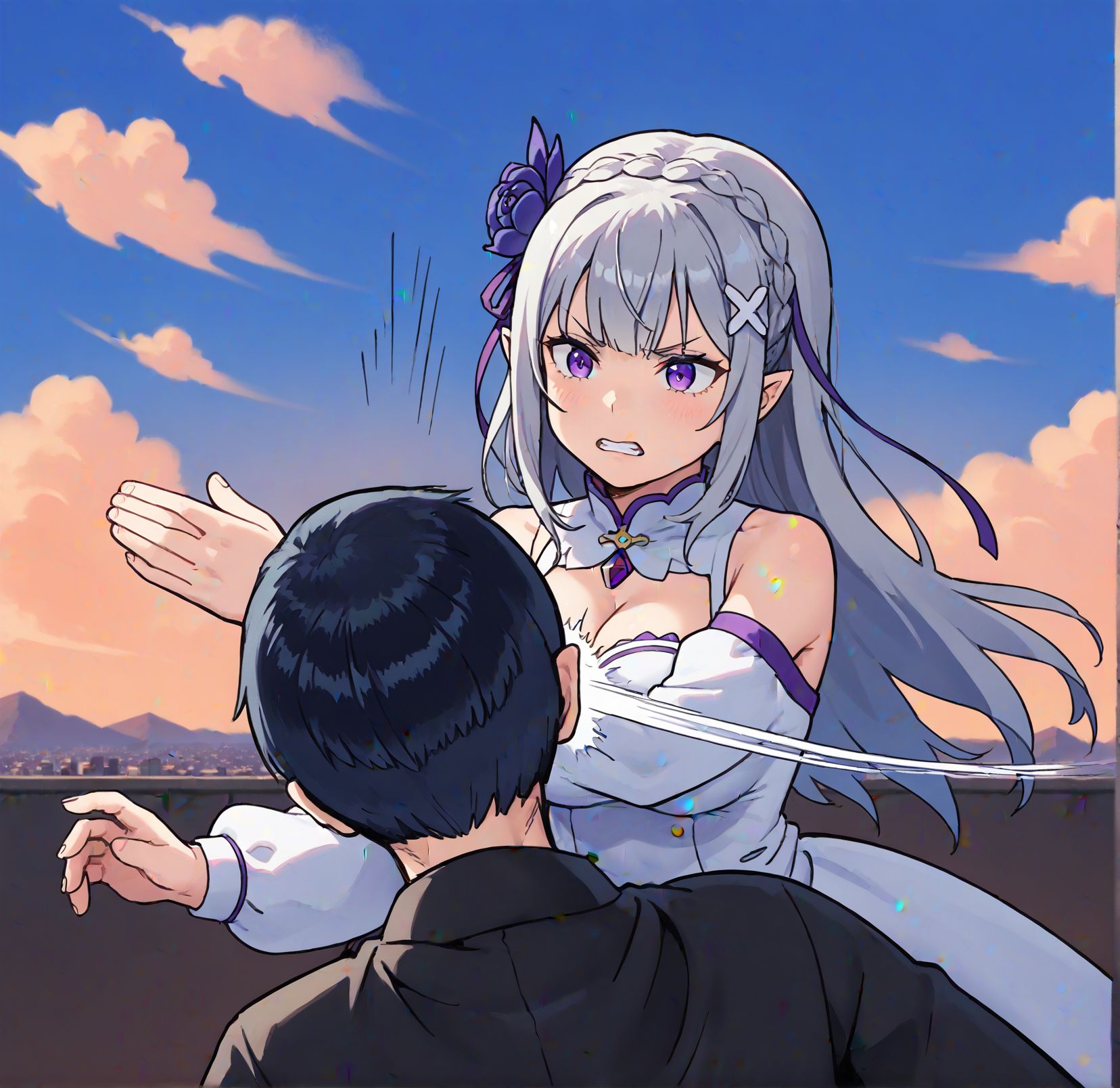 score_9,score_8_up,score_7_up,masterpiece, best quality, <lora:WHM 0.2v:0.5>, WHM, 2D,anime,  
<lora:batman_slap:0.7>, 1girl, 1boy, slapping, slapping motion, motion lines,
BREAK
1girl, 1boy, slapping, slapping motion, motion lines,
angry,
<lora:shiEmiliaV2:0.5>, shimilia, long hair, grey hair, purple eyes, pointy ears,
crown braid, hair flower, hair ribbon, purple ribbon, x hair ornament,
white dress, cleavage, bare shoulders, wide sleeves,
white thighhighs, thigh boots,large breasts, 
thighhighs,
outdoors, scenery, cloud, blue sky,Water City,road, black hair male,
BREAK
1girl, 1boy, slapping, slapping motion, motion lines, black hair male,sparks hair, 
black hair male, natsuki subaru, black jacket male,   white dress female, 
 long sleeves, <lora:NatsukiSubaruAIO-XL-V1:0.5>