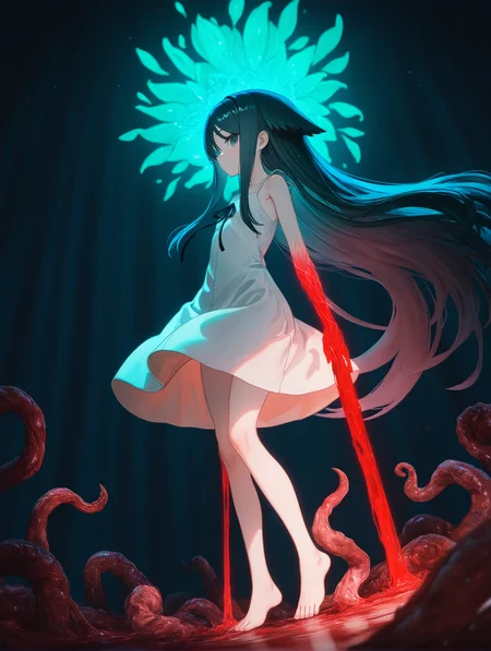 solo ,( saya ) , \(saya no uta , 1girl , bare shoulders , feet bare shoulders , black hair , black ribbon , blurry , blurry background , collarbone , dress , eldritch abomination ,flesh , from side , green eyes , long hair , profile , ribbon , sleeveless , sleeveless dress , very long hair , white dress ,from below , green theme , red theme , closed mouth , from side , full body , looking at viewer , looking to the side , dark , horror ethereal , melancholic , glowing control panels casting ,soft blue light, dreamy atmosphere surreal ,horrifying , flowing hair gently drifting in an eerie, unsettling atmosphere, vibrant green and red hues blending chaotically, organic and grotesque textures covering the environment, glowing veins pulsing faint light (floating hair:1.1), (chromatic aberration:1.2), (light particles:0.9), (muted colors:1.5), (vibrant colors:0.8), (bright colors:0.7), (glowing sparkles:0.5), (radiant reflections:0.3), (soft light rays:0.7), blood-red mist, glowing green tendrils, dark and oppressive ambiance,cinematic lighting , raytracing , dynamic angle , depth of field , high contrast , colorful , detailed light , light leaks , beautiful detailed glow , best shadow , shiny , intricate details , hyperdetailed , iridescent [artist:yayaziiii] , [artist:tsukushi akihito] , [artist:huke] , [artist:chuuou higashiguchi]
,masterpiece,best quality,newest,absurdres,highres,very awa,