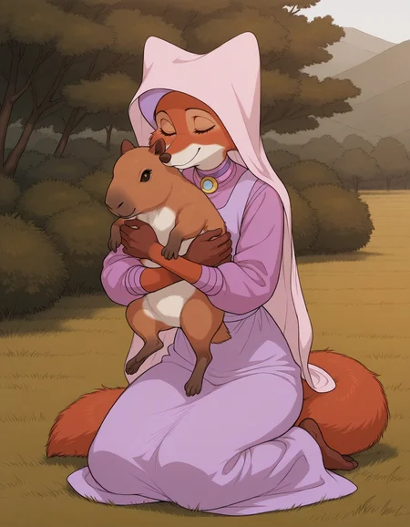 masterpiece, best quality, furry
Maid_Marian, solo, red fur skin, pink dress,fox tail,fox, <lora:Maid_Marian_illustriousXL:0.8>BREAK, holding a baby capybara, closed eyes, very awa, year 2024, newest, highres, absurdres, hug, outdoor, full body, 4 fingers, detailed background, happy