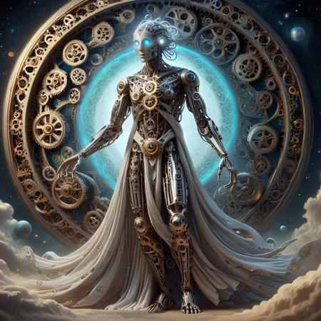 g3ars, ethereal being, humanoid figure made out of gears, elongated limbs, intricate patterns, flowing robes, glowing orbs, cosmic background, otherworldly atmosphere, fantasy art, digital illustration, high detail, mystical, surreal, imaginative, artistic, fantasy character,  fantasy setting, mystical figure, fantasy design, digital art, fantasy illustration  <lora:Gears_World_Morph:1>