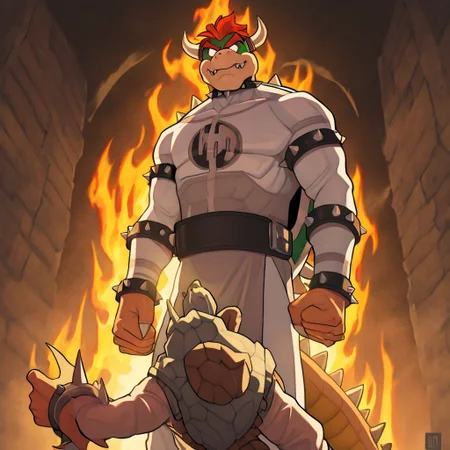 masterpiece, best quality, newest, absurdres, highres, anime, anime style, solo, solo focus,
VILTFit-V1.0-Withemblem, VILTemblem-V1.0, bodysuit, white bodysuit,
1boy, bowser, spikes, spiked shell, spiked tail, spikes, turtle shell, horns,