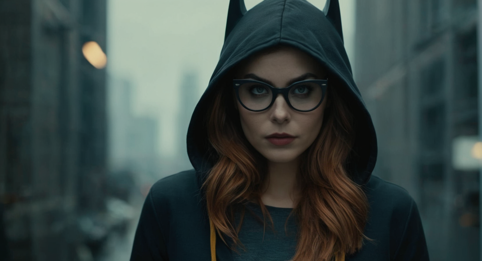 Dark Fantasy Art of (Cinematic Film stock footage style) in (arri alexa style) (Kodak film print style),
 <lora:Batgirl:1>
Batgirl a woman in glasses and a hoodie posing for a picture, dark, moody, dark fantasy style