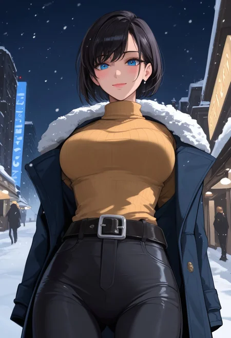 score_9, score_8_up, score_7_up, source_anime, masterpiece, 4k, high quality, (best quality:1.1), solo, 1girl, hiraguchip5, short hair, black hair, marine blue leather coat, tight yellow turtleneck sweater, black pants, belt, closed mouth, seductive face, standing, legs apart, from front and below, looking at viewer, blushing, shy smile, cowboy shot, winter park scenery, snow, city lights, dark lighting, night, moonlight, godrays,